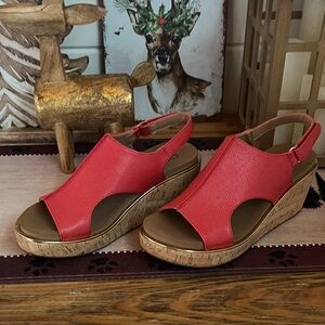 Never Worn! Women's Corky’s Red Wedge Sandals with gold accents